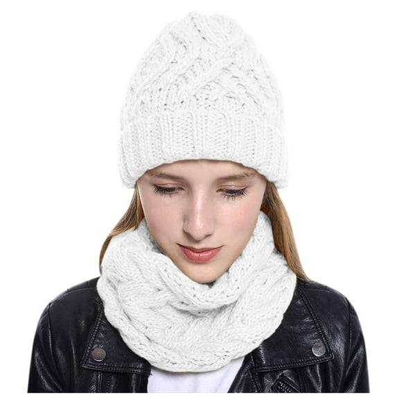 PMVFHDE Women Winter Knit Set Neck Warmer Combo Sphere Hat Warm Brushed Lined for Cold Weather White