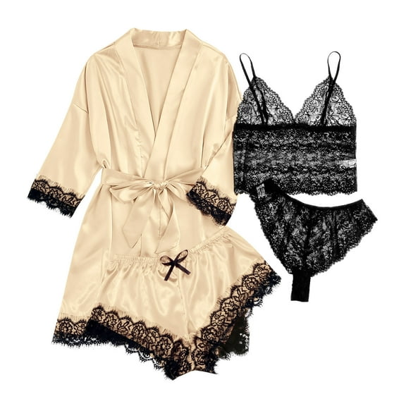 PMVFHDE Women's 4 Piece Sleepwear Set Lace Trim Top Pants Robe, Black Sleepwear Set, Spring Summer Loungewear Set, Comfortable PJ Set with Belt Beige,M