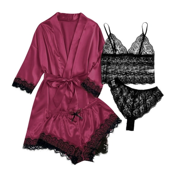 PMVFHDE Women's 4 Piece Sleepwear Set Lace Trim Top Pants Robe, Black Sleepwear Set, Spring Summer Loungewear Set, Comfortable PJ Set with Belt Watermelon Red,M