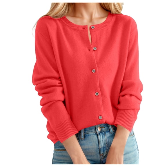 PMVFHDE Women's Autumn Winter Cardigan Sweater Classic Round Neck Button Front Knit Open Front, Timeless Design for Casual and Work-appropriate Wear Red,L