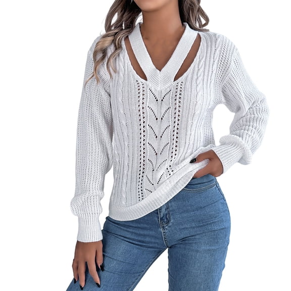 PMVFHDE Women's Autumn Winter Casual Hollow V Neck Sleeve Pullover Sweater Cable Puffed Sleeve cozy sweaters for women White，S