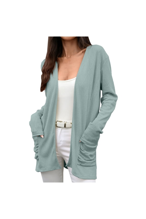 Women's Autumn Winter Casual Knit Cardigan Solid Color V-Neck Mid-Length Long Sleeve Pocket Outerwear Green,L