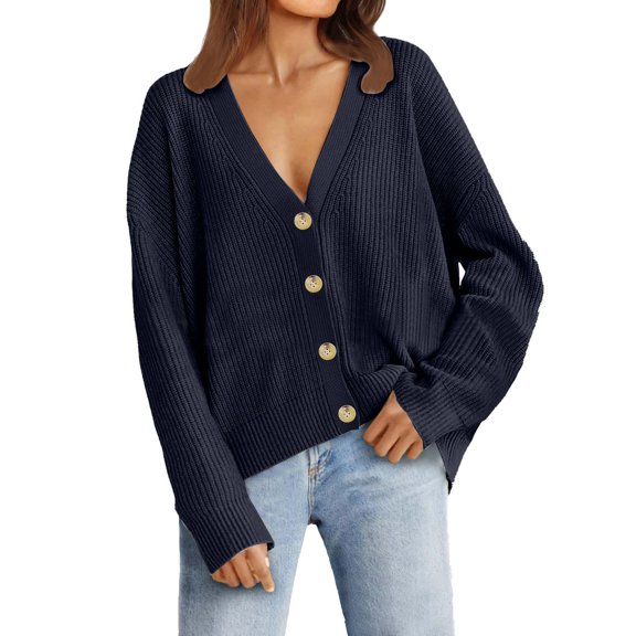 PMVFHDE Women's Autumn Winter Casual Minimalist Versatile Solid Color V-Neck Button Solid Color Cardigan Sweater Navy,S