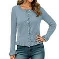 thumbnail image 1 of PMVFHDE Women's Autumn Winter Fashion Layered Detail Knit Ruffle Trim Cardigan Top Light Blue,L, 1 of 6
