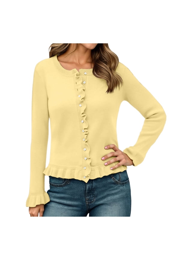 Women's Autumn Winter Fashion Layered Detail Knit Ruffle Trim Cardigan Top Light Yellow,M