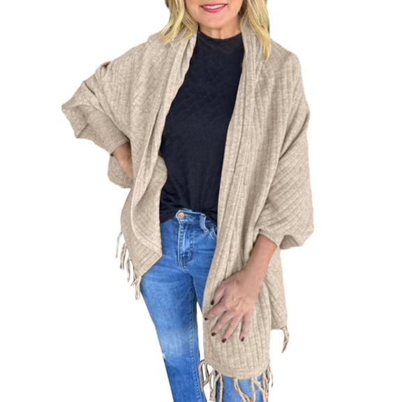 PMVFHDE Women's Autumn Winter Fashion Versatile Solid Color Warm Knit Fringe Wrap Cardigan Coat Khaki,One Size