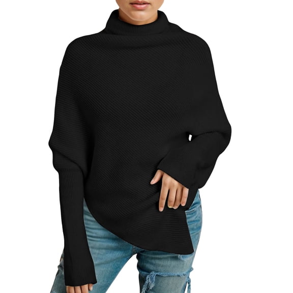PMVFHDE Women's Autumn Winter Irregular High Neck Solid Sweater Loose Knit Pullover Fashion Unique Design Comfortable Turtleneck Tops For Women Black,One Size