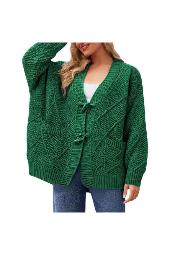 Women's Autumn Winter Loose Solid Color Thick Yarn Toggle Button Sweater V-Neck Braided Knit Cardigan Coat Green,One Size