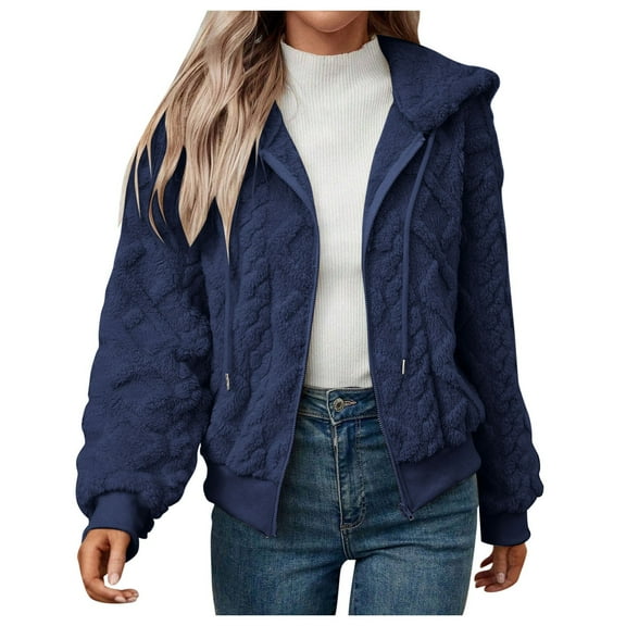 PMVFHDE Women's Autumn Winter Minimalist Solid Color Zipper Stand Collar Loose Soft Warm Pullover Coat Navy,M