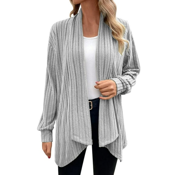 PMVFHDE Women's Autumn Winter Scarf Collar Solid Color Cardigan Long Sleeve Loose Knit Coat Grey,XL