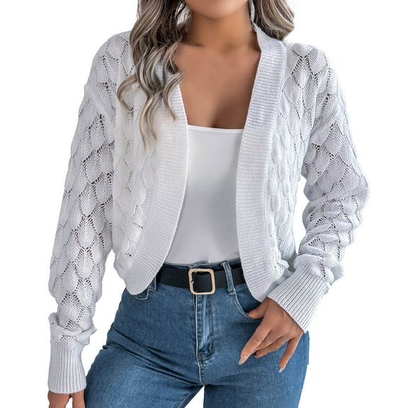 PMVFHDE Women's Autumn Winter Solid Color Hollow Out Puffed Long Sleeve Short Length Cardigan Sweater Short Coat White,M
