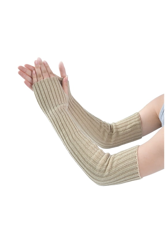 Women's Autumn Winter Solid Knit Fingerless Gloves, Long Ribbed Stacked Arm Sleeves for Warmth Khaki,One Size