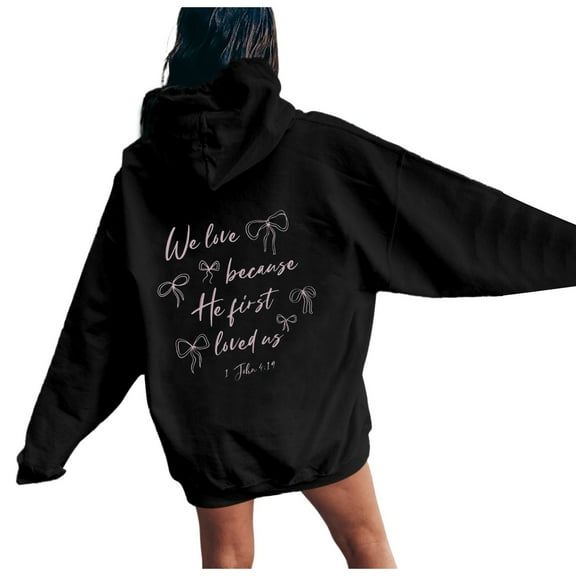 PMVFHDE Women's Bow Print Drawstring Pocket Pullover Hoodie, Casual Cute Long Sleeve Fall Sweatshirt Top Black,XXL