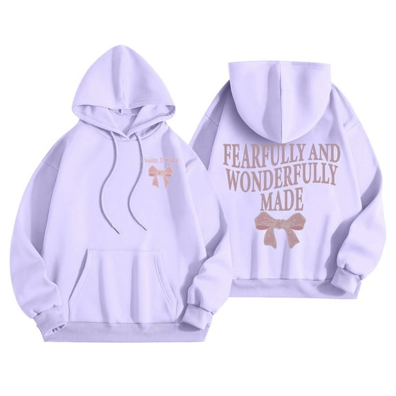 PMVFHDE Women's Bow Print Drawstring Pocket Pullover Hoodie, Casual Cute Long Sleeve Fall Sweatshirt Top Light Purple,M