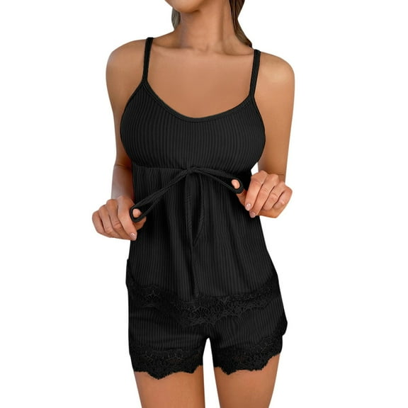 PMVFHDE Women's Camisole & Shorts Sleepwear Set, Solid Color Summer Nightwear, Outfit Ready Loungewear, Comfortable Two Piece Home Set Black,S