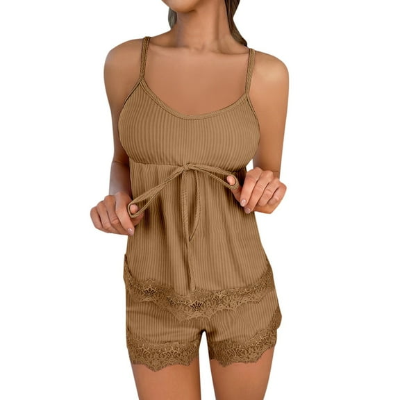 PMVFHDE Women's Camisole & Shorts Sleepwear Set, Solid Color Summer Nightwear, Outfit Ready Loungewear, Comfortable Two Piece Home Set Khaki,L