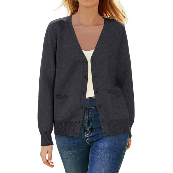 PMVFHDE Women's Cardigan Sweater Daily Casual Lightweight Soft Knit V-Neck Solid Color Cardigan Dark Gray,XS