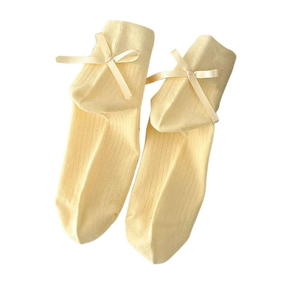 PMVFHDE Women's Casual Bow Mid-Calf Stacked Socks, Solid Color Ankle Socks for Daily Wear, Fashionable with Various Shoes, Comfortable Fit Yellow