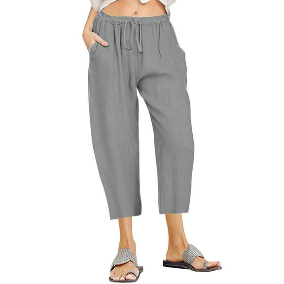 PMVFHDE Women's Casual Capri Pants Drawstring Elastic Waist with Pockets Comfortable Sleepwear Cropped Pants Dark Gray,S