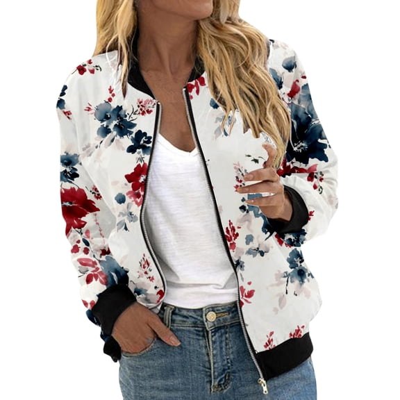 PMVFHDE Women's Casual Daily Lightweight Zip Up Floral Print Baseball Jacket With Pocket Fall Coats Coats For Women White,S