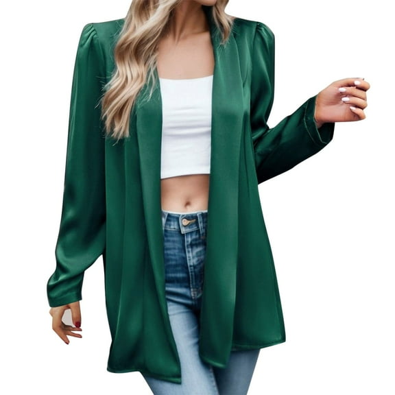 PMVFHDE Women's Casual Elegant Commute Solid Color Mid-Length Long Sleeve No Button Cardigan Shirt, Draping Open Front Layer Green,M