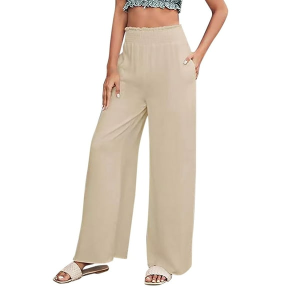PMVFHDE Women's Casual High Waist Wide Leg Pants Straight Leg Relaxed Fit Comfortable Everyday Trousers Beige,XXL