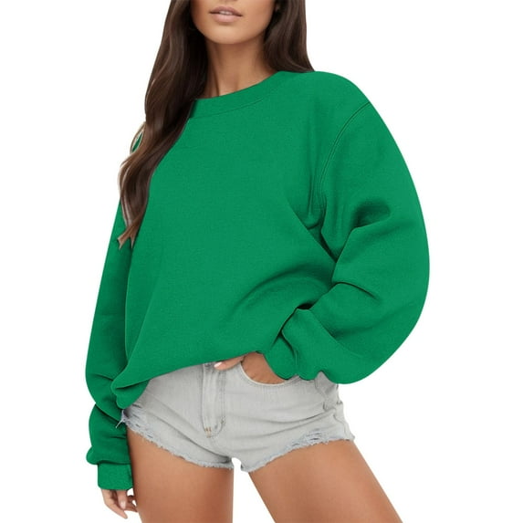 PMVFHDE Women's Casual Relaxed Fit Solid Color Crewneck Sweatshirt, Basic Long Sleeve Pullover Top for Everyday WearGreen,L