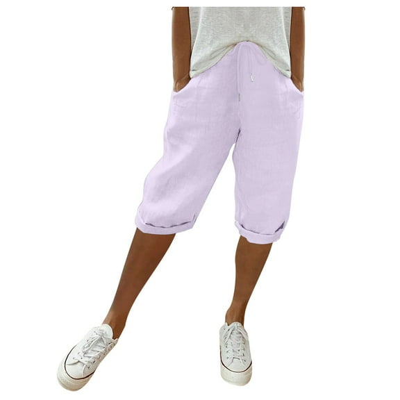 PMVFHDE Women's Casual Shorts 5 Inch Inseam Solid Color Elastic Waist with Pockets Summer Comfortable Shorts Purple,M