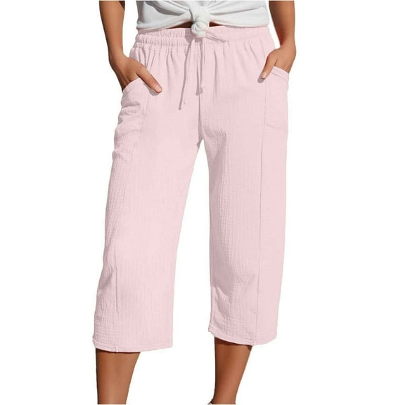 PMVFHDE Women's Casual Solid Color Capri Pants Drawstring Elastic Waist with Pockets Athletic Sport Pants Light Pink,XXL