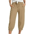 thumbnail image 1 of PMVFHDE Women's Casual Solid Color Joggers Capri Length Elastic Waist with Pockets Athletic Sport Pants Khaki,M, 1 of 5