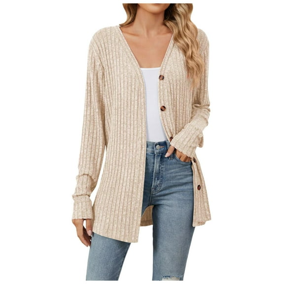 PMVFHDE Women's Casual Solid Color Long Sleeve Button Cardigan Knit Brushed Comfortable Coat Beige,M
