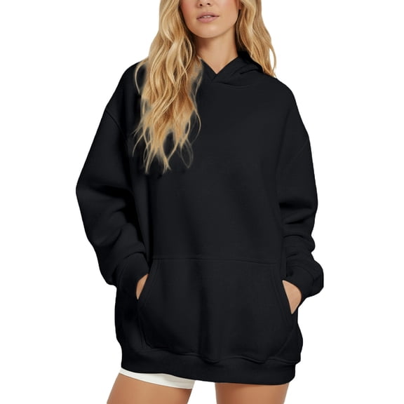 PMVFHDE Women's Casual Solid Color Pullover Hoodie Sweatshirt Jacket for Everyday Wear Black，XL