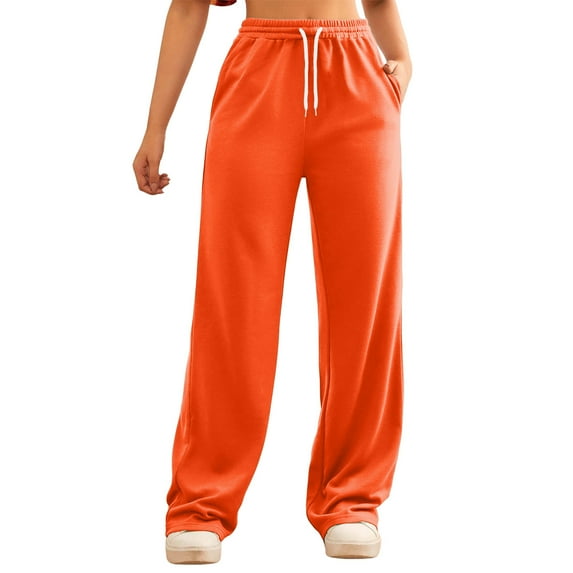 PMVFHDE Women's Casual Solid Color Wide Leg Sweatpants Elastic Waist with Pockets Relaxed Fit Trousers Orange,M