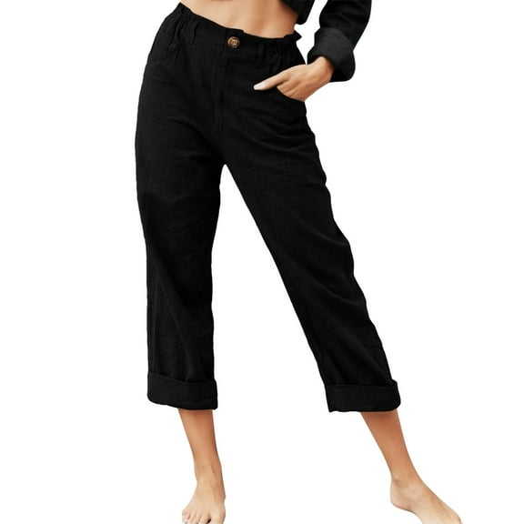 PMVFHDE Women's Casual Straight Leg Pants Elastic Waist with Side Pockets Zipper Detail Pull On Trousers Black,L