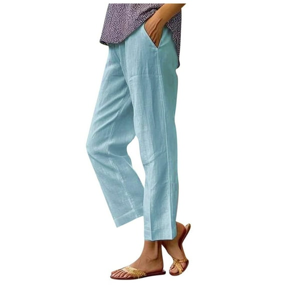PMVFHDE Women's Casual Straight Leg Pants Solid Color Elastic Waist Relaxed Fit Summer Everyday Comfortable Trousers Blue,M