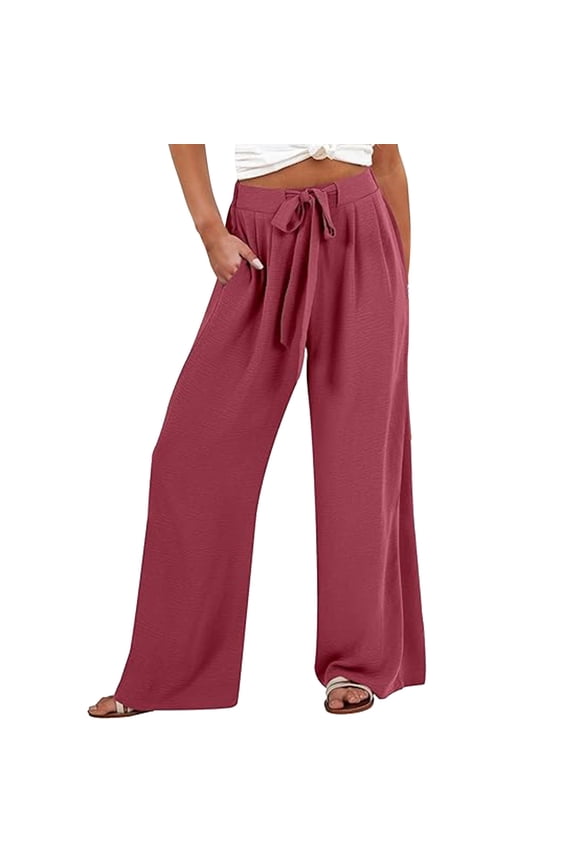 Women's Casual Wide Leg Palazzo Pants High Waist Flowy Lightweight Comfortable Beach Trousers Red,S