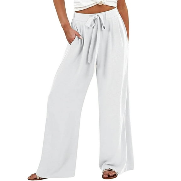 PMVFHDE Women's Casual Wide Leg Palazzo Pants High Waist Flowy Lightweight Comfortable Beach Trousers White,S