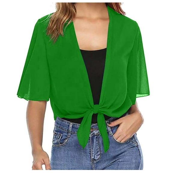 PMVFHDE Women's Chiffon Solid Color Short Sleeve Cardigan Short Length Top Wrap for Spring Summer Green,S