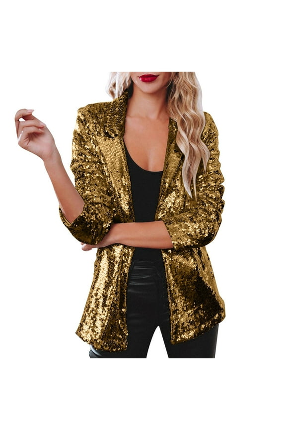 Women's Coats Glitter Shiny Lapel Coat Long Sleeve Sequin Jacket For Holiday Party And Casual Night Out Attire Gold,M