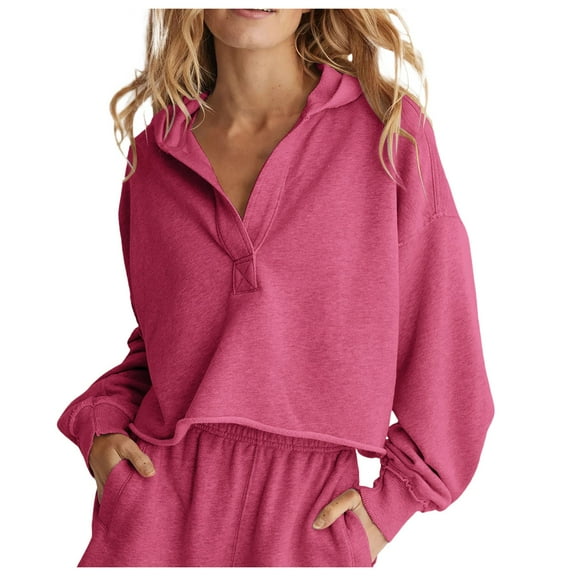PMVFHDE Women's Cropped V Neck Pullover Hoodie, Modern Casual Long Sleeve Loose Fit Streetwear Sweatshirt Hot Pink,XL