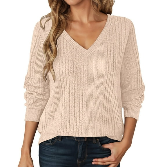 PMVFHDE Women's Daily Casual Long Sleeve V-Neck Solid Color Knitted Pullover Sweater Tops for Fall Beige,S
