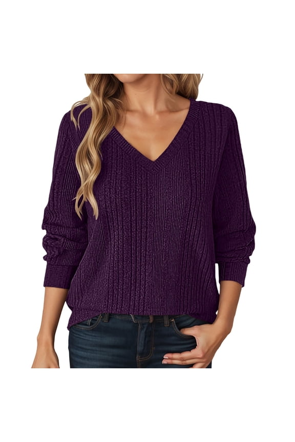 Women's Daily Casual Long Sleeve V-Neck Solid Color Knitted Pullover Sweater Tops for Fall Dark Purple,S
