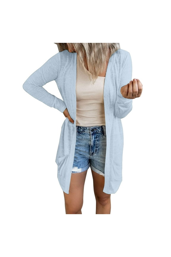 Women's Daily Casual Solid Color Top Long Sleeve with Pocket Open Front Cardigan Top Lightweight Light Blue,S