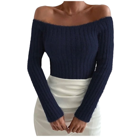 PMVFHDE Women's Fall Spring Off Shoulder Slim Fit Knit Sweater Stylish Versatile Short Pullover Top Solid Color One Shoulder Sweaters For Women Dark Blue,M