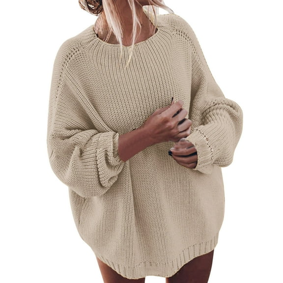 PMVFHDE Women's Fall Winter Casual Loose Plus Size Round Neck Solid Color Knitted Pullover Sweater Khaki,L