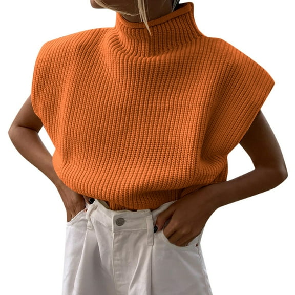 PMVFHDE Women's Fall Winter Solid Color Sleeveless Turtleneck Sweater Elegant Versatile Knitted Tops Orange,S