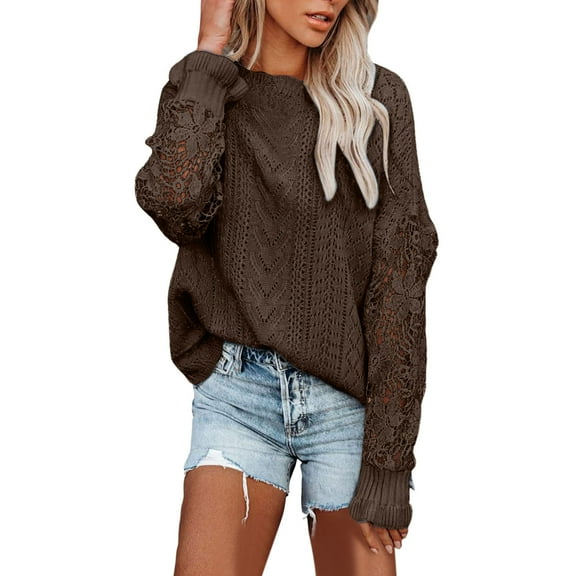 PMVFHDE Women's Fashion Casual Lace Trim Mesh Breathable Knitted Sweater Long Sleeve Pullover Tops Coffee,S