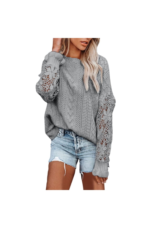 Women's Fashion Casual Lace Trim Mesh Breathable Knitted Sweater Long Sleeve Pullover Tops Grey,M