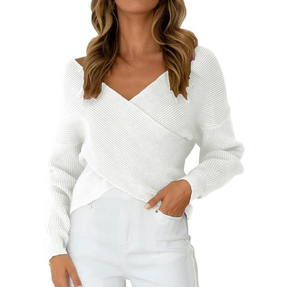 PMVFHDE Women's Fashion Casual V-Neck Long Sleeve Cross Front Off Shoulder Crop Top Knitted Sweater White,One Size