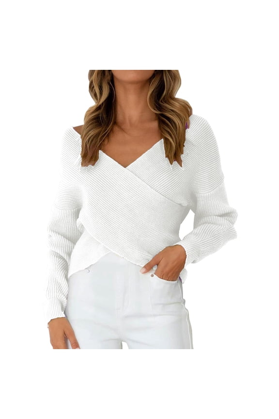 Women's Fashion Casual V-Neck Long Sleeve Cross Front Off Shoulder Crop Top Knitted Sweater White,One Size